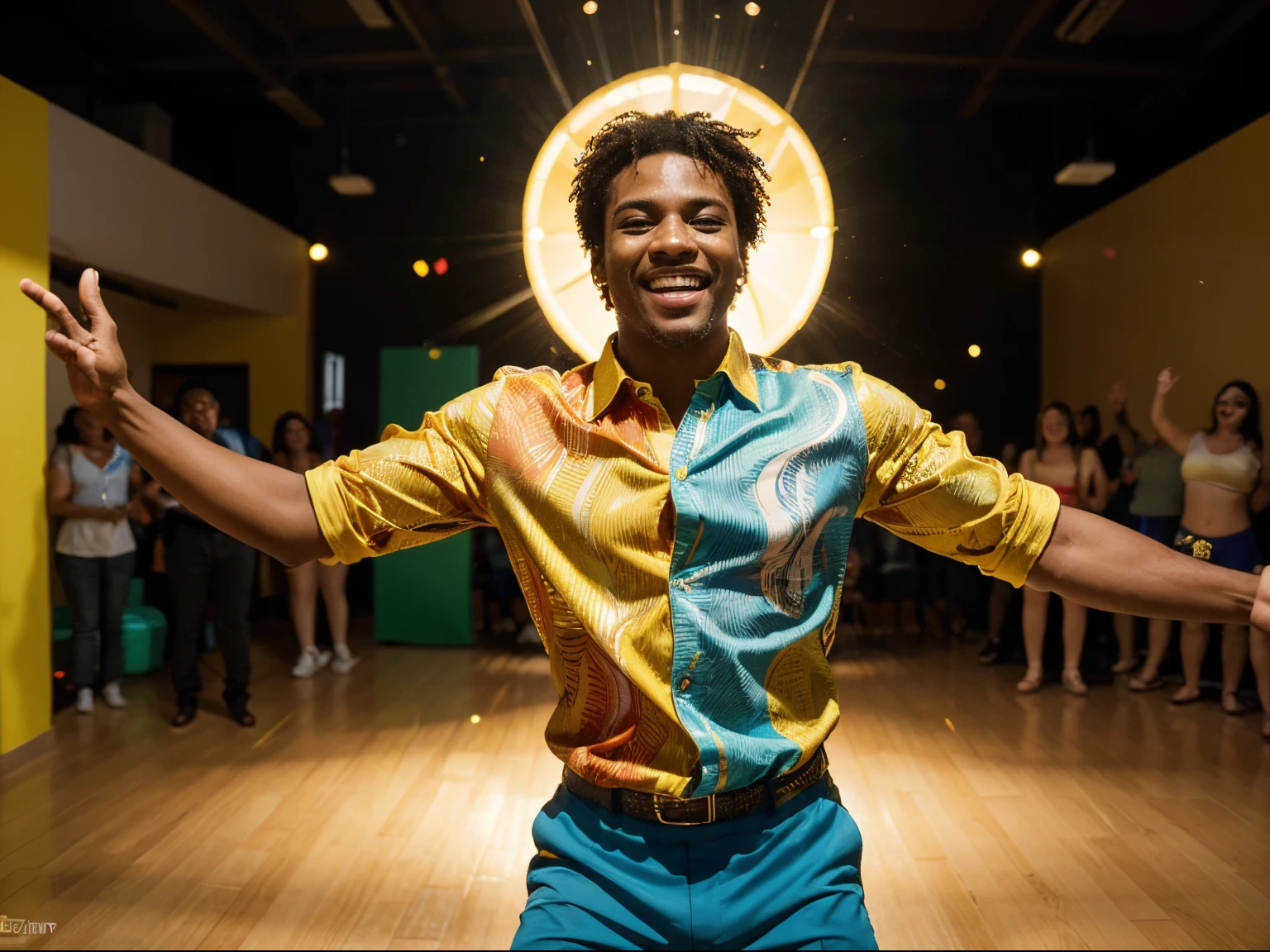 (best quality,4k,8k,highres,masterpiece:1.2),ultra-detailed,(realistic,photorealistic,photo-realistic:1.37),A happy relaxed black man dancing joyfully. He is the center of attention against a vibrant yellow background. The man's movements are full of energy and enthusiasm as he grooves to the music. His body is in perfect sync with the rhythmic beats, and his flowing dance moves display his passion for dancing.
The man has a contagious smile and his eyes are filled with joy and excitement. His expressive face shows his enjoyment and happiness. The light reflects on his smooth, radiant skin, making him look even more vibrant and lively.
He is dressed in stylish and trendy attire, wearing a colorful shirt and comfortable pants that allow him to move freely. His outfit perfectly matches the joyful and vibrant atmosphere of the party.
The yellow background adds to the festive atmosphere, symbolizing joy, happiness, and positive energy. It complements the man's dance moves and creates a visually dynamic scene. The bright yellow color evokes feelings of warmth, optimism, and cheerfulness.
The lighting setup is designed to enhance the man's features and create a dynamic contrast. The strategic placement of lights creates highlights and shadows, emphasizing the man's movements and adding depth to the image. The lighting also adds a sense of excitement and energy to the scene.
The overall composition of the image is carefully balanced and visually appealing. The man's dynamic dance moves are captured in a way that showcases his skills and passion. The combination of his joyful expression, vibrant outfit, and energetic dance moves conveys a sense of pure joy and celebration.
This artwork captures the essence of a happy and relaxed black man enjoying himself at a vibrant party. The high-quality, ultra-detailed depiction and realistic rendering bring the scene to life, immersing the viewer in the joyful atmosphere. With vivid colors, sharp focus, and professional execution, this artwork is a visual masterpiece that celebrates the power of dance and the joy of living in the moment.