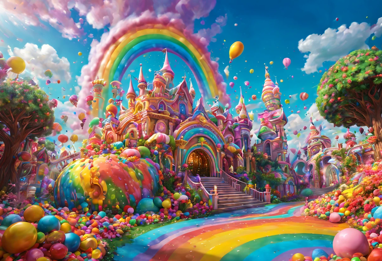 (candy theme park), fantasy art,shiny,dreamy,candyland,rainbow,cookie,chocolate bar,gradients,dripping,glaze,beads, hyperrealistic,bloom, sunshine bright light,full background,candy's fairy tale, (colorful explosion psychedelic paint colors), bichu, (best composition), ultra-wide-angle, octane render, enhance, intricate, (best quality, masterpiece, Representative work, official art, Professional, unity 8k wallpaper:1.3)