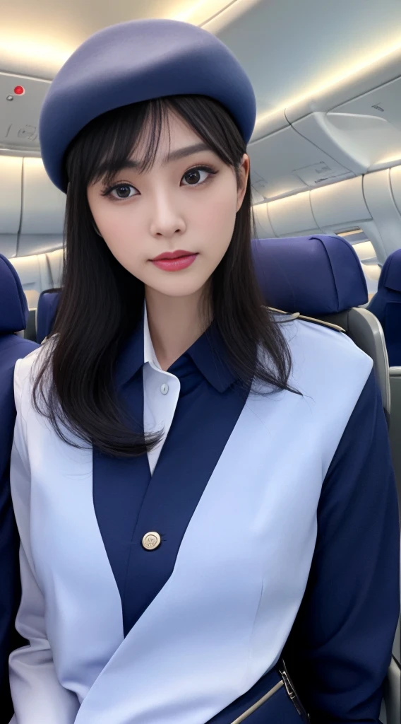 1Japanese woman, Solo, 30-years old, hyperdetailed face, Detailed lips, A detailed eye, Double eyelid both eyes, (Black bob hair, Like an airplane stewardess, Do a good job), (Like an airplane stewardess:1.2), (Do a good job:1.2), (Stewardess dark blue uniform:1.3), (Wear a small brimmed stewardess hat:1.2), (Modest:1.2), Perfect image realism, Background with: (Business Class aisle on airplanes:1.2), Meticulous background, detailed costume, Perfect litthing, Hyper-Realism, (Photorealistic:1.4), 8K maximum resolution, (masterpiece), Highly detailed, Professional