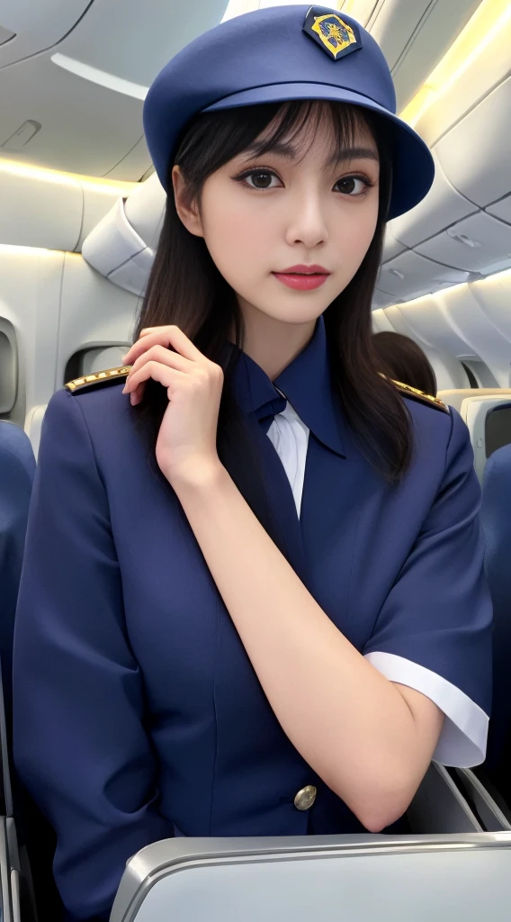 1Japanese woman, Solo, 30-years old, hyperdetailed face, Detailed lips, A detailed eye, Double eyelid both eyes, (Black bob hair, Like an airplane stewardess, Do a good job), (Like an airplane stewardess:1.2), (Do a good job:1.2), (Stewardess dark blue uniform:1.3), (Wear a small brimmed stewardess hat:1.2), (Modest:1.2), Perfect image realism, Background with: (Business Class aisle on airplanes:1.2), Meticulous background, detailed costume, Perfect litthing, Hyper-Realism, (Photorealistic:1.4), 8K maximum resolution, (masterpiece), Highly detailed, Professional