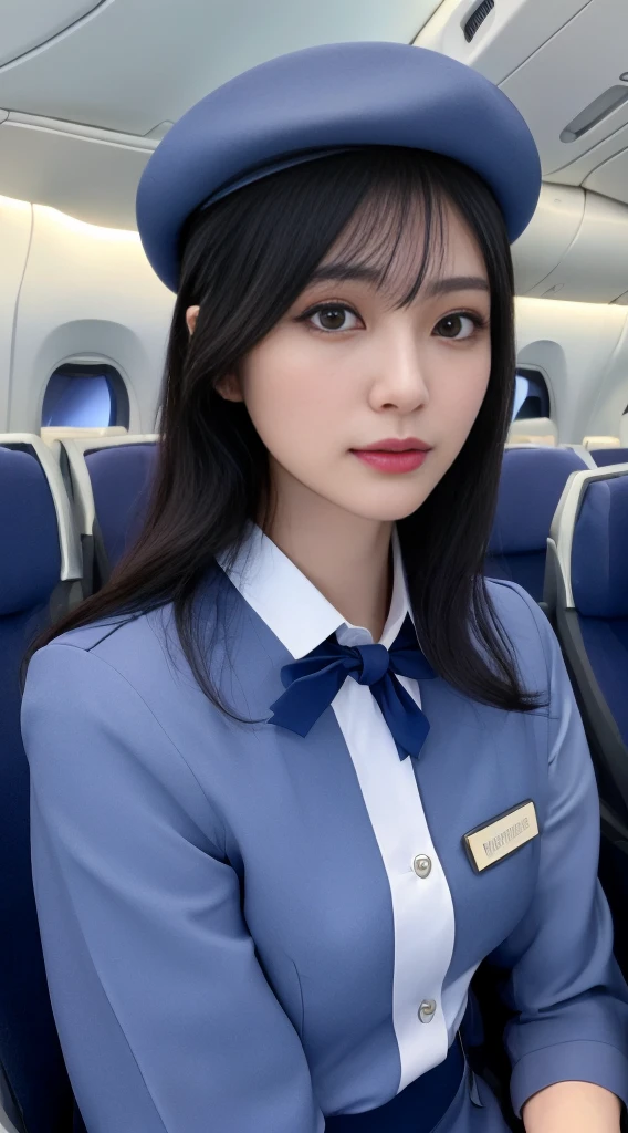 1Japanese woman, Solo, 30-years old, hyperdetailed face, Detailed lips, A detailed eye, Double eyelid both eyes, (Black bob hair, Like an airplane stewardess, Do a good job), (Like an airplane stewardess:1.2), (Do a good job:1.2), (Stewardess dark blue uniform:1.3), (Wear a small brimmed stewardess hat:1.2), (Modest:1.2), Perfect image realism, Background with: (Business Class aisle on airplanes:1.2), Meticulous background, detailed costume, Perfect litthing, Hyper-Realism, (Photorealistic:1.4), 8K maximum resolution, (​masterpiece), Highly detailed, Professional