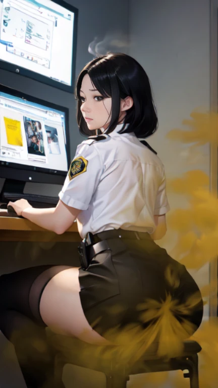 ((velocity)),Yellow smoke,Attacked by farts, (((Women farting))),(girl farting while seat and use computers )),frowned,velocity,(Yellow smoke is rising))(a female police), (wearing shirt and skirt),(sit facing the screen),(her butt facing the screen)) (short black hair),(Asian woman),(workspace),(masterpiece:1.2、top-quality)、(the Extremely Detailed CG Unity 8K Wallpapers、ultra-detailliert、Best Shadows)、(细致背景)、(The best lighting、extremely delicate and beautiful)、depth of fields、1girl in、独奏、upward looking gaze、