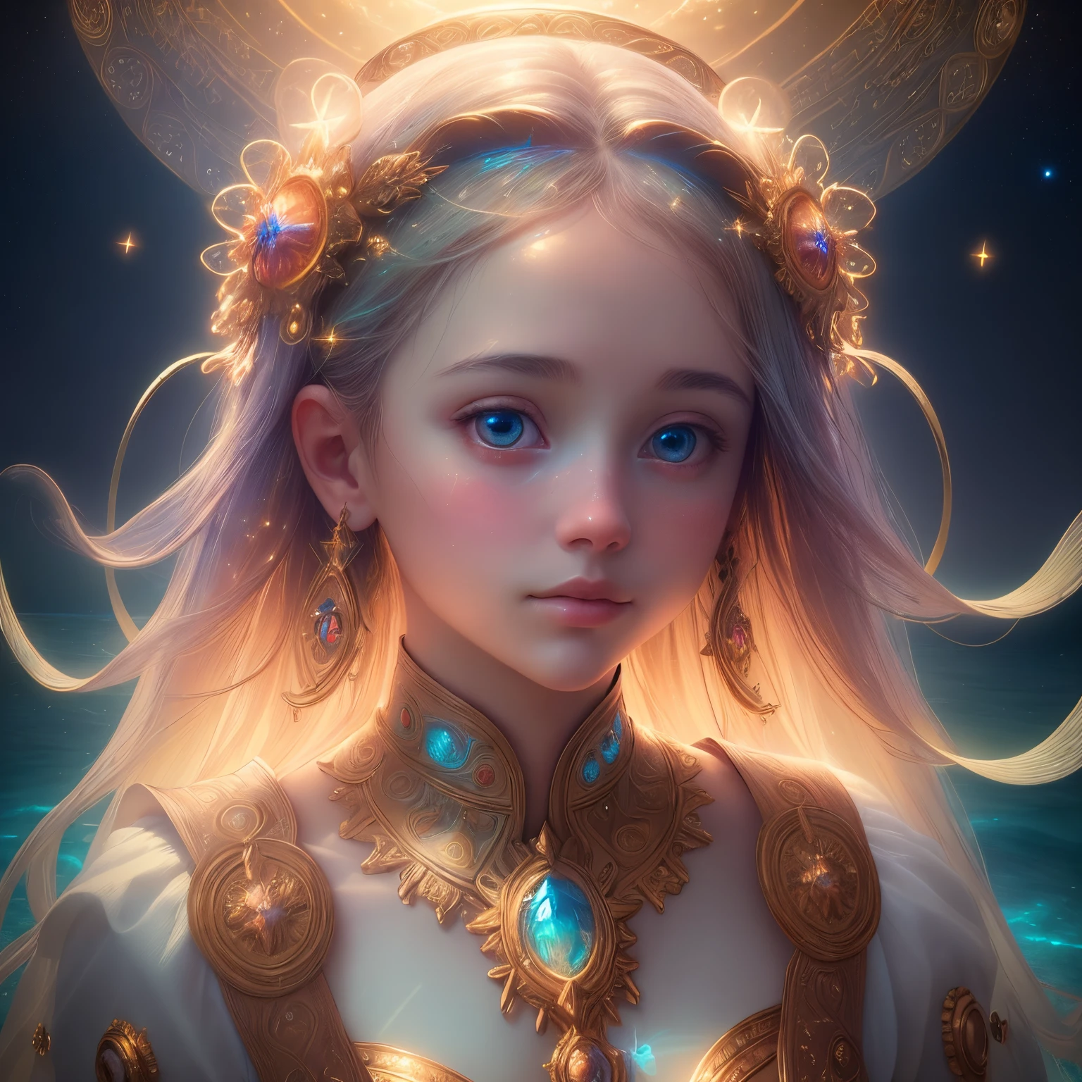 ((best quality)), ((masterpiece)), ((realistic)), portrait,
1girl, celestial, deity, goddess, light particles, halo, looking at viewer,empty,
(bioluminescent:0.95) ocean, bioluminescent, vibrant, colourful, color, (glowing, glow),
(beautiful composition), cinematic lighting, intricate, (symmetrical:0.5), whimsical,