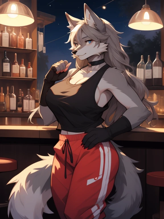 by bebebebebe, by spuydjeks, by spikedmauler, by moonrick, by asaneman, uploaded to e621, seductor, very detailed and beautiful, (female, anthro, anthro animal:1.1), 1girl, bar, night time, anthro wolf girl, canine, canid, sexy grey eyes, cute face, adorable face, feminine face structure, female, mature woman, tomboy, hourglass figure, grey body, grey fur, tail, 1tail, long hairstyle, fluffy tail, super massive thighs, super huge super massive breast, wearing baggy sweatpants, wearing a white tanktop, wearing fingerless gloves, wearing a choker,