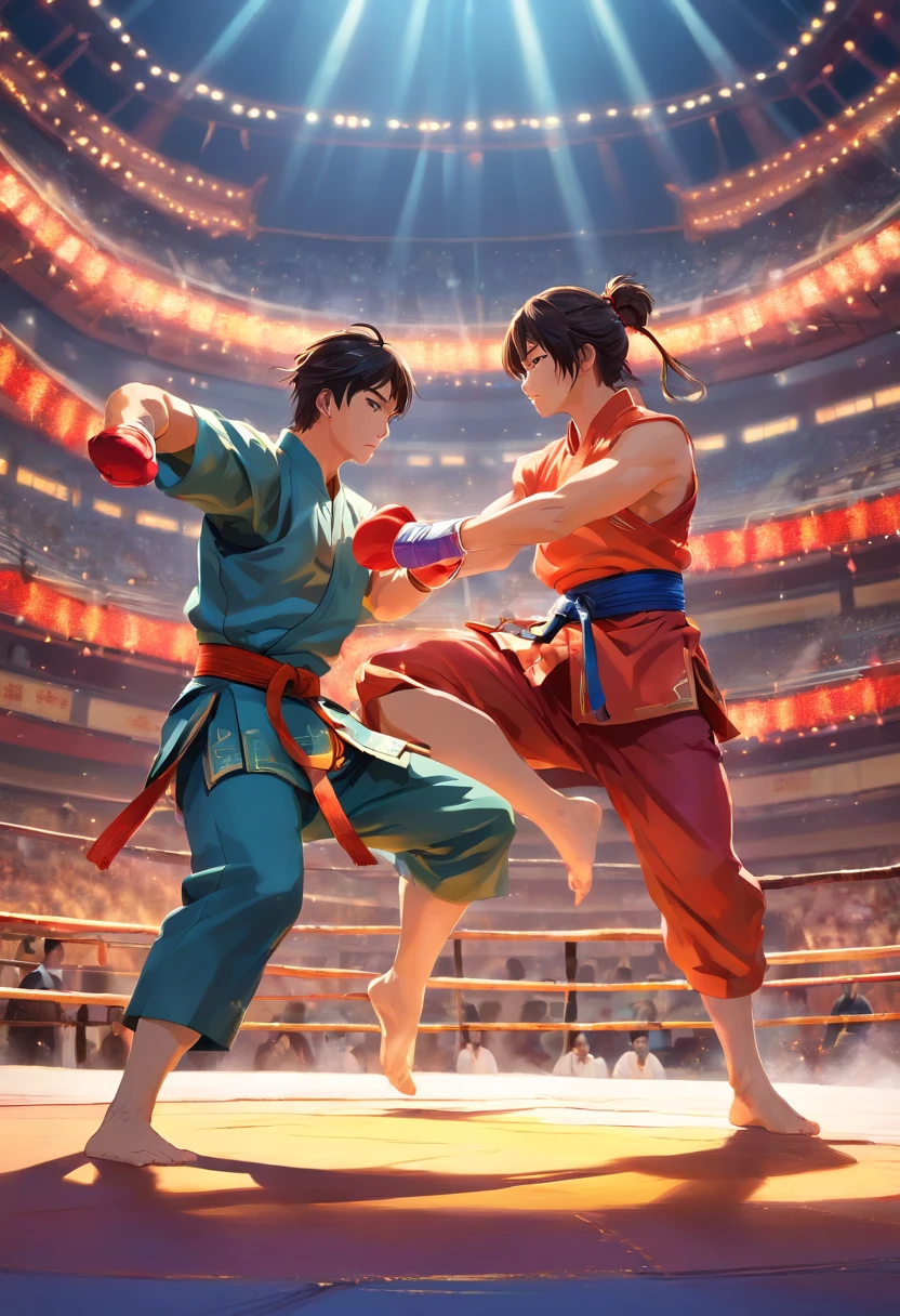 (best quality,4k,8k,highres,masterpiece:1.2),ultra-detailed,realistic,professional,physically-based rendering,portraits,HDR,UHD,studio lighting,extremely detailed characters,action-packed scene,powerful strikes,swift movements,martial arts
In a grand arena, two Chinese fighters engage in an intense battle. The setting is filled with vibrant colors, highlighted by the powerful studio lighting, creating a mesmerizing atmosphere. The fighters are rendered with exceptional detail, showcasing their muscular physiques and finely tuned martial arts skills.
Both fighters are fully immersed in the action, delivering swift and precise strikes with their hands, feet, and swords. Each movement is captured in ultra-high resolution, demonstrating the realism of their fighting techniques. The texture and materials of their traditional Chinese martial arts uniforms are perfectly represented, showcasing the craftsmanship and artistry behind their attire.
Their expressions reveal determination and focus, as they lock eyes with each other, showcasing their stunningly detailed eyes. Drops of sweat glisten on their foreheads, accentuating the intensity of the battle. Their lips are beautifully detailed, further emphasizing their emotions as they put their skills to the test.
The scene is set against a backdrop of a bustling arena, with cheering spectators adding to the excitement. The audience's energy is palpable, as they witness this epic showdown between two highly skilled fighters. The surrounding architecture and design feature elements of traditional Chinese culture, adding depth and cultural richness to the overall composition.
The lighting in the arena is carefully designed to enhance the dramatic effect of the scene, with subtle shadows and highlights accentuating the fighters' movements. The colors of the artwork are vivid and vibrant, creating a visually stunning experience.
This painting is a masterpiece, crafted with meticulous attention to detail and a realistic depiction of the fighters' skills and emotions. The overall composition showcases the artistry and dedication involved in the creation of this extraordinary artwork.