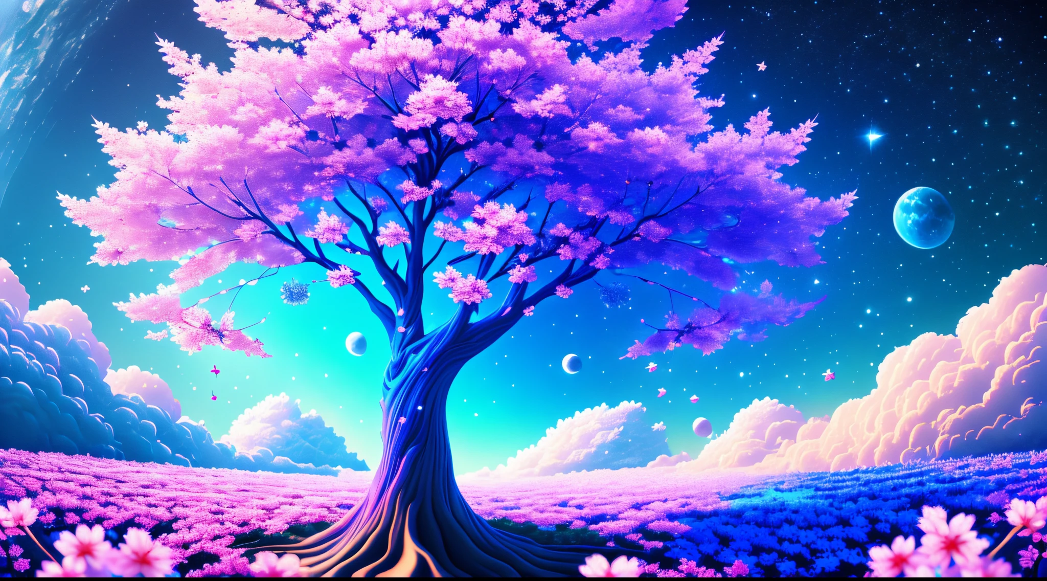 cherry blossom tree in space, colorful, blue, absurdres, high res, ultrasharp, 8k, masterpiece