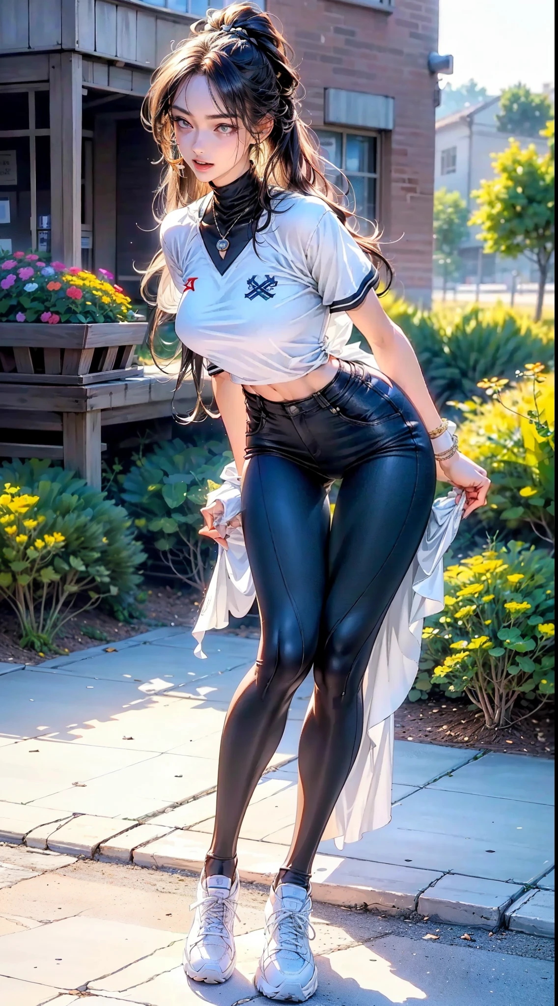 Female pervert，20yr old，(Beautiful woman with long legs：1.5）,（Slender body proportions), (Best quality, 4K, 8K, A high resolution, tmasterpiece:1.2), ultra - detailed, (actual, realistically, realistically:1.37), moody gestures, western metal, Moderate chest size, Happy expression, Sports student uniform with sneakers