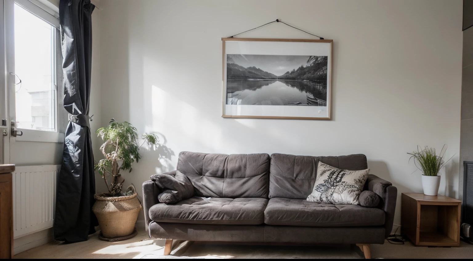 Japanese style home interior design of modern living room. Grey sofa with black cushions against wall with poster frame.