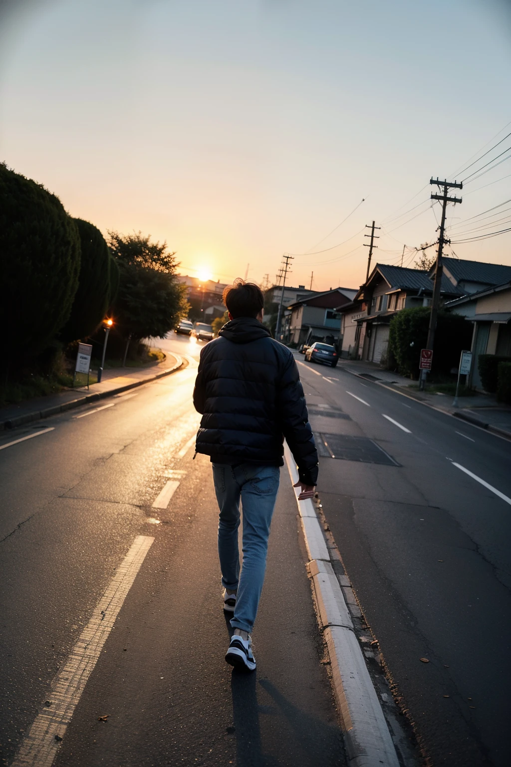 A person walks on the road under the setting sun. His back is