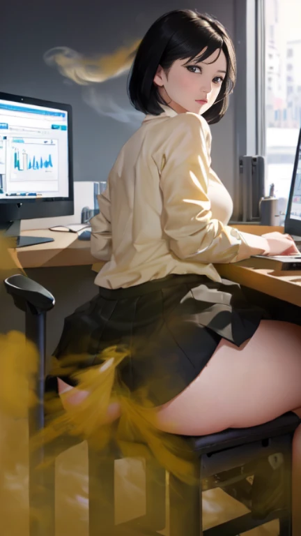 ((velocity)),Yellow smoke,Attacked by farts, (((Women farting))),(girl farting while seat and use computers )),frowned,velocity,(Yellow smoke is rising))(a female employee), (wearing shirt and skirt),(sit facing the computers),(her butt facing the screen)) (short black hair),(Asian woman),(workspace),(masterpiece:1.2、top-quality)、(the Extremely Detailed CG Unity 8K Wallpapers、ultra-detailliert、Best Shadows)、(细致背景)、(The best lighting、extremely delicate and beautiful)、depth of fields、1girl in、独奏、upward looking gaze、