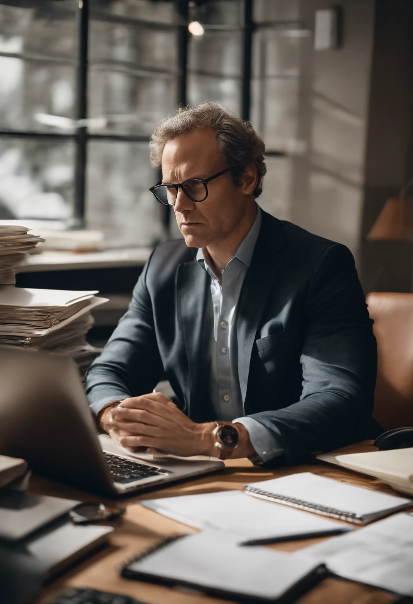 A photo of a person sitting at a desk with a laptop, surrounded by papers and notebooks, looking focused and determined.,original,Annoying VC is a middle aged man who is Silicon Valley tech person , male