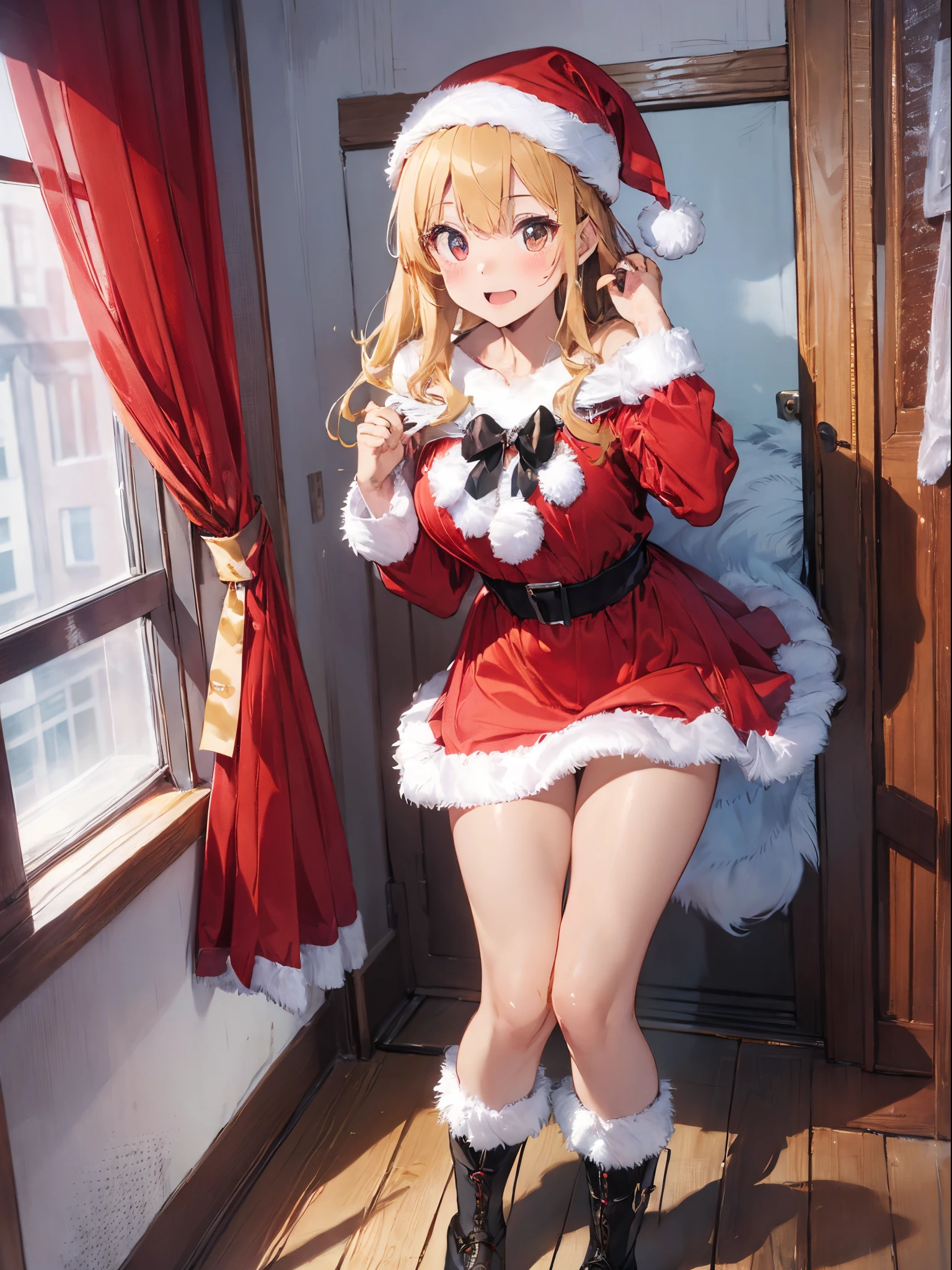 (best picture quality, 4K, high quality, masterpiece::1.2), ((masterpiece)), high detail, high quality, best picture quality, high quality, bokeh, DOF, Portrait, embarrassed, (cute illustration:1.2), high-resolution, ultra-detailed, best-quality, bedroom, teenage girl, blond wavy hair, idol, christmas, (red Santa Claus costume):1.1, sntdrs, red santa dress, sleeveless, fur, fullbody,