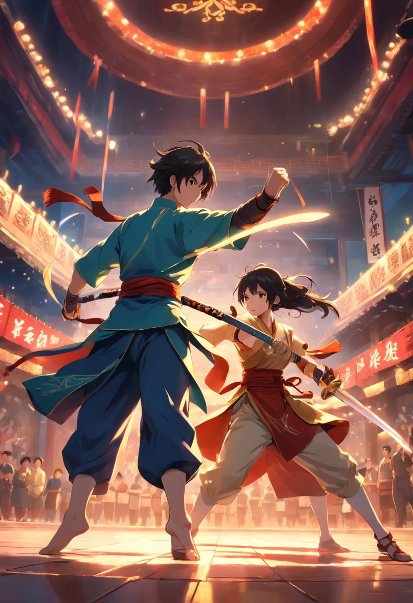 (best quality,4k,8k,highres,masterpiece:1.2),ultra-detailed,(realistic,photorealistic,photo-realistic:1.37),two Chinese fighters engage in a sword fight in an arena,traditional martial arts scene,detailed swords and martial arts techniques,strong female warriors,expressive faces and intense gazes,ornate arena with ancient Chinese architectural elements,impressive display of agility and strength,precise and fluid sword movements,fierce and graceful combat,dynamic poses and acrobatic maneuvers,matrix-like slow-motion effects,epic battle between two skilled fighters,subtle lighting that enhances the dramatic atmosphere,vibrant colors with a hint of red and gold,contrast between the fighters' costumes and the dark background,an audience watching in awe and anticipation,traditional Chinese music playing in the background