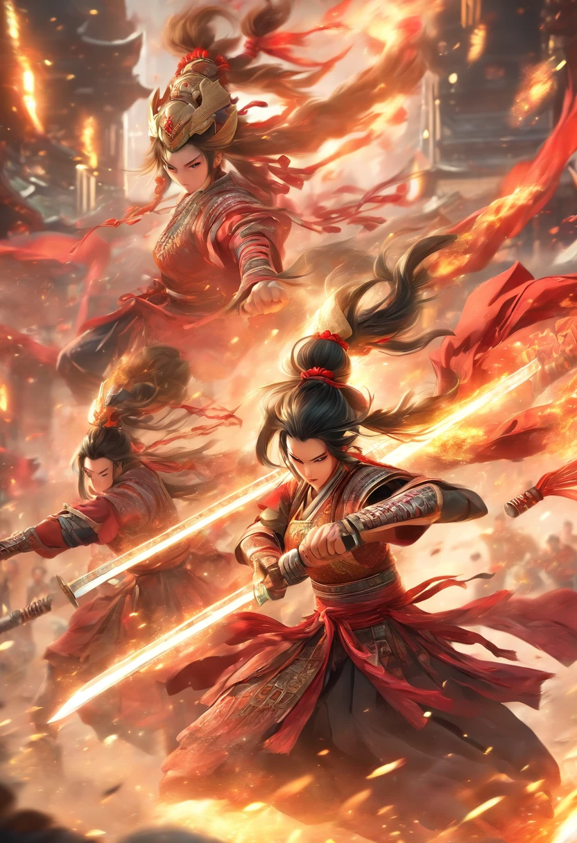 (best quality,4k,8k,highres,masterpiece:1.2),ultra-detailed,(realistic,photorealistic,photo-realistic:1.37),two Chinese warrior women fighting in an arena with swords,dramatic lighting,vibrant colors,traditional Chinese martial arts style,swift movements,ornate costumes and armor,martial arts expertise,detailed facial expressions and intense focus,graceful and powerful stances,traditional Chinese landscape in the background,smoke and dust swirling around them,crimson and gold color scheme,sharp and dynamic sword strikes,aged and weathered stadium with intricate architectural details,energetic and fast-paced atmosphere.