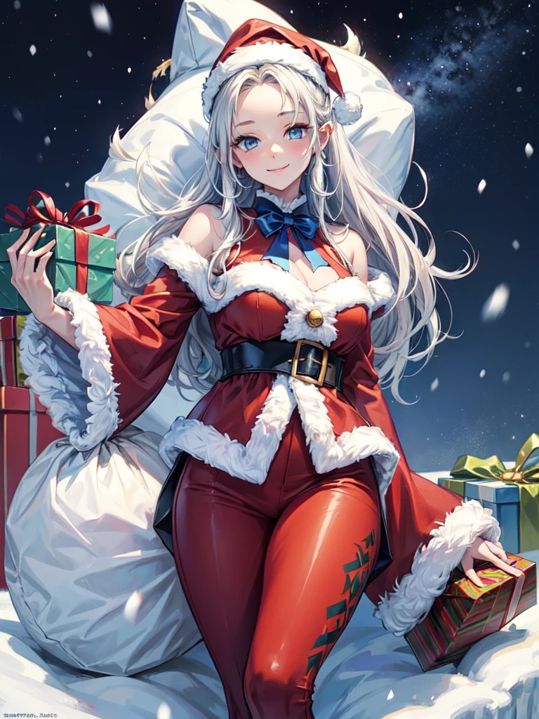 white snowing, in the Christmas, 1 blue long forehead:0.5 hair girl, detailed blue eyes:1.4, in a santa costume, sexy smile, hand out presents, in nighat, masterpiece, beautiful detailed grow.