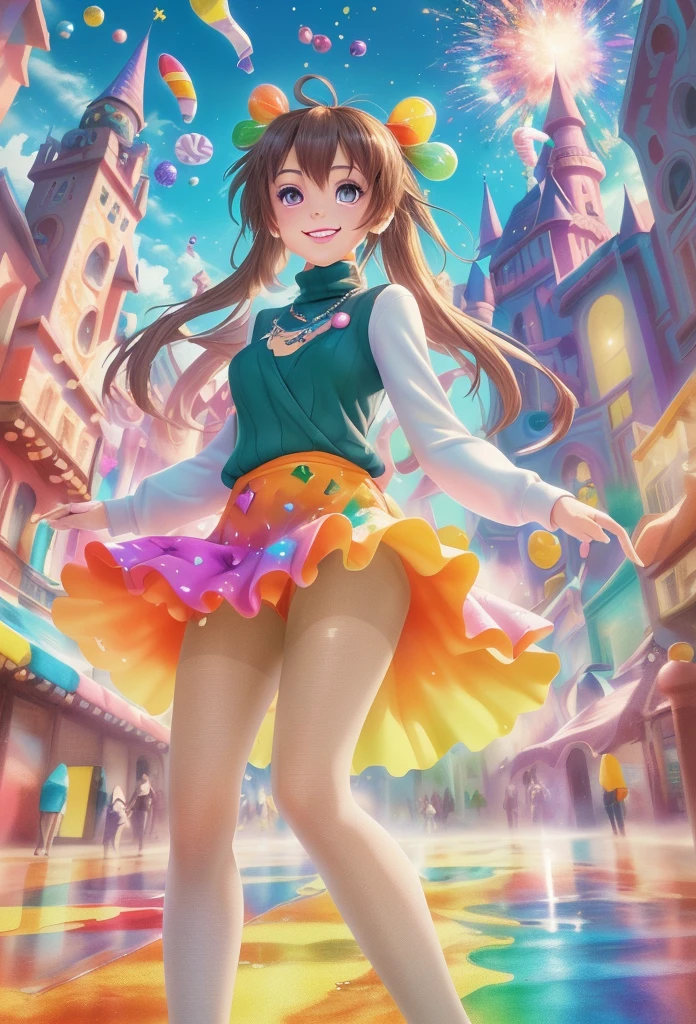 Makoto Shinkai art,(masterpiece,best quality:1.3),highly detailed,extremely detailed,8k hd,fantasy,shiny,beautiful,dreamy,candyland,candy clothing,rainbow,cookie,chocolate bar,gradients,dripping,glaze,beads, (hyperrealistic:0.2),(bloom:0.2),(1girl:1.2),full_body,looking at viewer,sharp focus,(thick wrap hip colorful pantyhose),long hair,ponytail,smile,naughty face,purple eyes,frilled skirt,center frills,heels,(colorful turtleneck),head tilt,arms up,(relax sitting),knees separation,(long_legs),sunshine bright light,outdoor,full background,candy's fairy tale castle,(colorful explosion psychedelic paint colors:1.2)