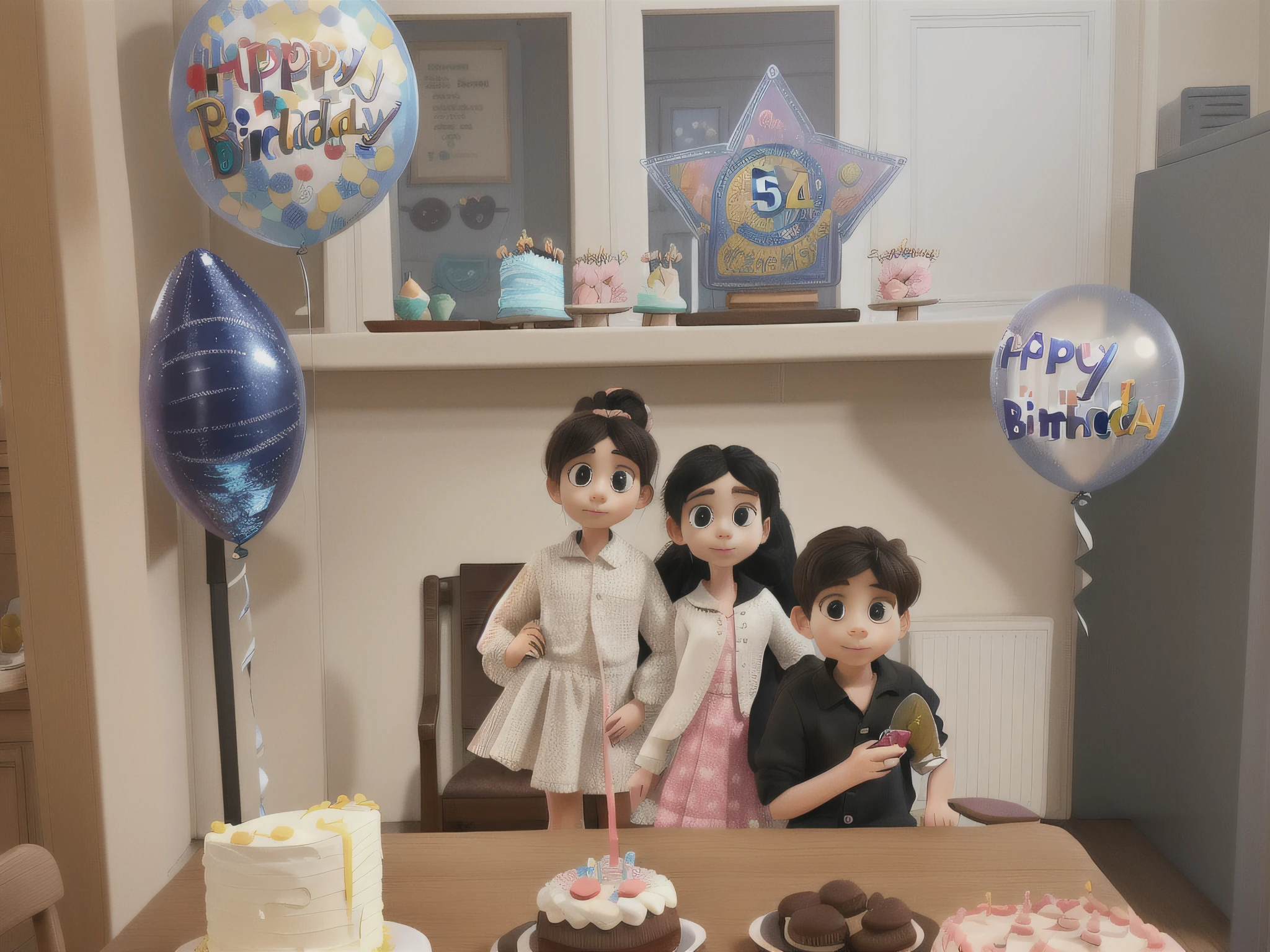 a three year old girl in high pony hairstyl, standing on a chair  behind the table with a cake, a 10 year old girl and a 10 year old boy in black shirt standing and celebrating a birthday, at a birthday party, fully decorated, disney pixar style output picture