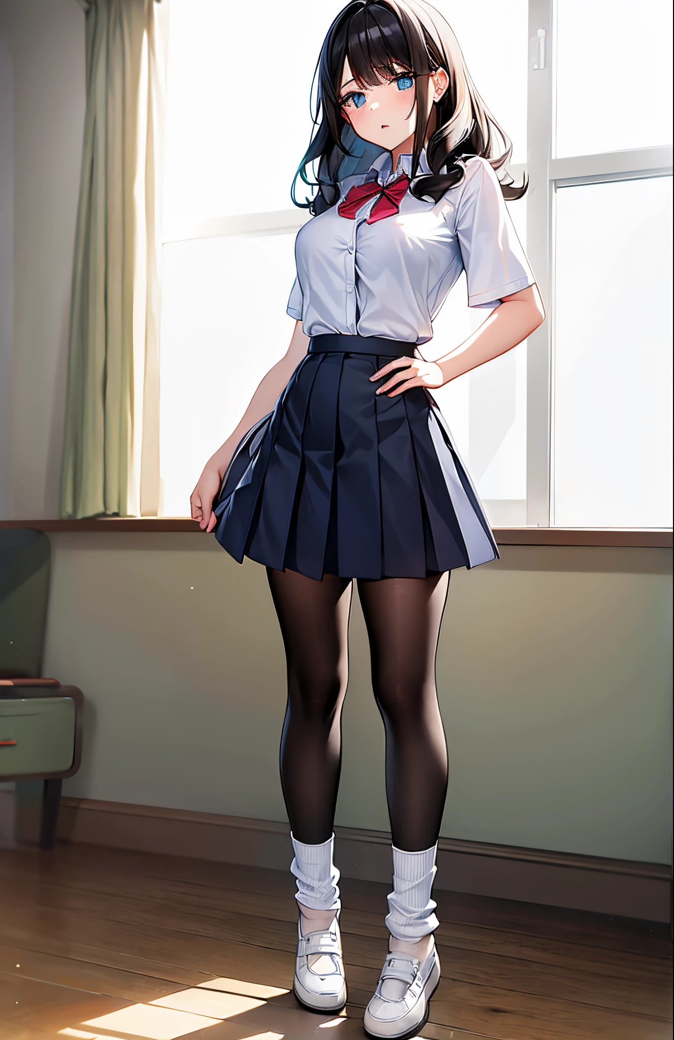 girl, detailed eyes, medium hair,standing, classroom, masterpiece, best quality, mature male, dress shirt, short sleeves, full body,  ((((loose socks)))), {{{{{white socks}}}}}, nervous, half-closed eyes, {{{{{black pantyhose}}}}}}, socks over pantyhose, loafers,   aqua shirt, pleated skirt, miniskirt, school uniform, {{midriff}}, navel, zettai ryouiki, {{{{calf socks}}}}, calf socks, open mouth, wavy hair, looking at viewer, swept bangs, medium breasts, expressionless, mary janes, lace-trimmed ribbon, hand on hip, large breasts, navel,(((white shoes)))