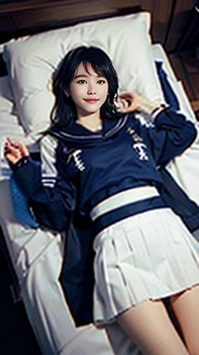 (((Bird's-eye view))), (((pantie shot:1.3))), Lying in bed, (((Dressing:1.5))), (((Clothing is worn reliably:1.5))), ((Dress reliably:1.5)), (((a sailor suit, pleatedskirt, white panties))), Smiling smile, 1girl in, 独奏, 18year old, 7headed body, Ideal ratio body proportions, erectile nipple, short-hair, A dark-haired, With bangs, small tits, A slender, Small buttocks, beauty legs, Skinny Legs, surrealism, Cinematic lighting, depth of fields, One-person viewpoint, F/1.8, 135 mm, nffsw, masutepiece, ccurate, ((Anatomically correct)), Textured skin, Super Detail, high details, High quality, awardwinning, Best Quality, hight resolution, 8K