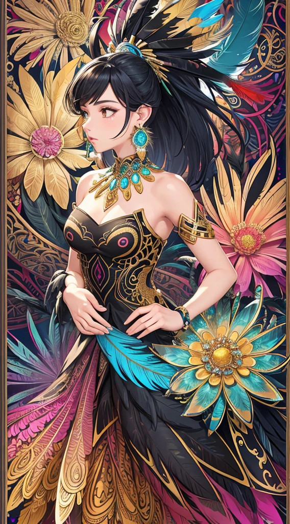 A female with medium breasts, bare shoulders, black hair, colored feathers, metal ornaments, colored flowers, particles, light rays, (masterpiece, top quality, best quality, official art, beautiful and aesthetic:1.2), (1girl:1.3), extremely detailed,(fractal art:1.1),(colorful:1.1)(flowers:1.3), highest detailed,(zentangle:1.2), (dynamic pose), (abstract background:1.3), (shiny skin), (many colors:1.4), ,(earrings:1.4), (feathers:1.4), (sleeveless dress:1.2), (shiny skin), (many colors:1.4), ,(earrings:1.4), (proper eyes).