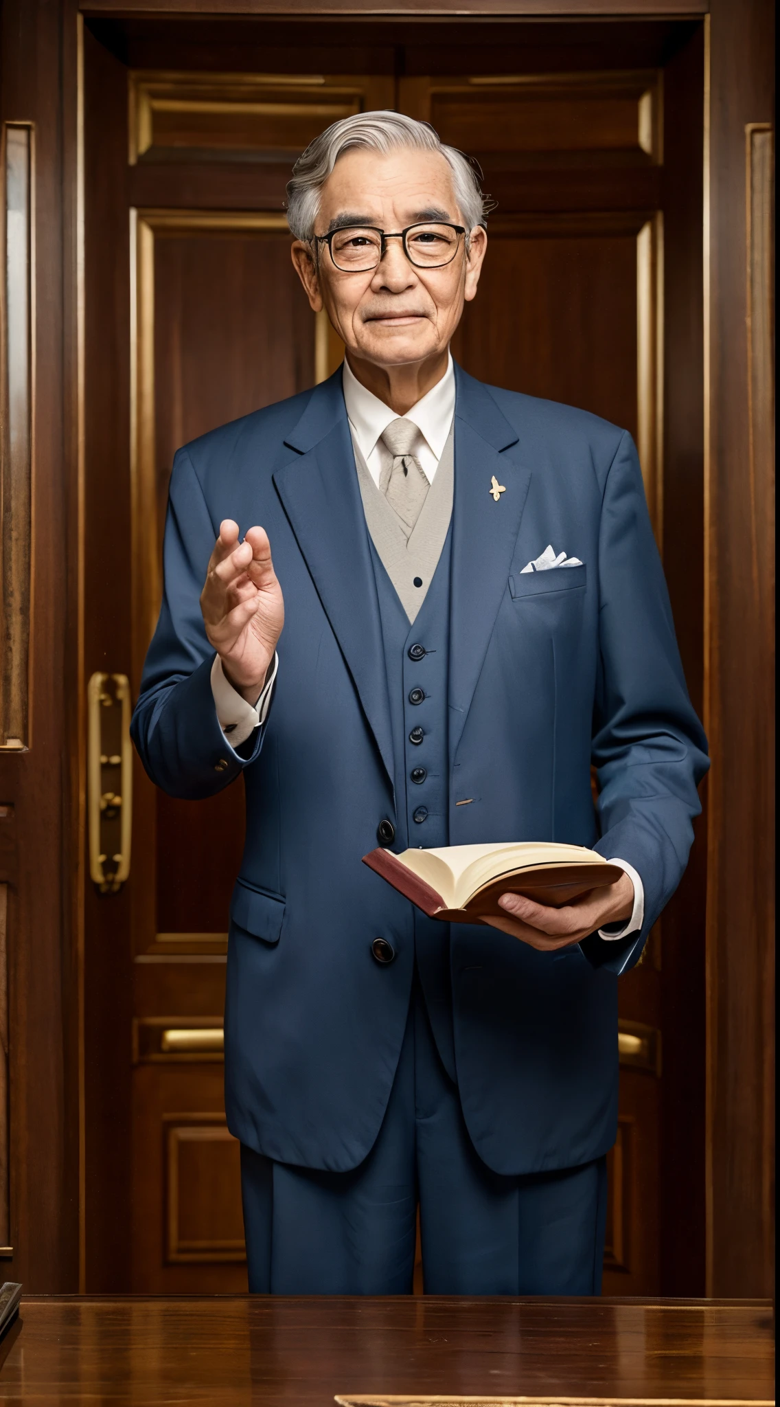 A old man、Face、Dignified、Butler style、Inside the mansion、smart、Wearing glasses、The mouth is closed、hold a book open with one hand、Facing the front