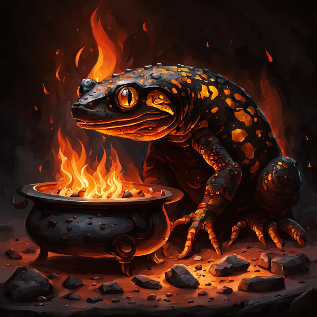 Alinor Brazier with burning coals a fire salamander peaks out, in symbolism art style