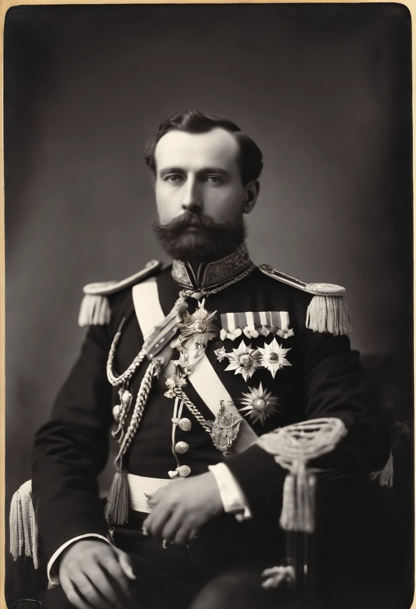 A Prussian monarch posing for a portrait, medals, ribbons, eliezer yudkowsky, gal yosef, inspired by Pedro Álvarez Castelló, elias chatzoudis, edouard caplain, photo of a man, 1890 photo, 1 8 8 0 s photograph, inspired by Elias Goldberg, vittorio matteo corcos