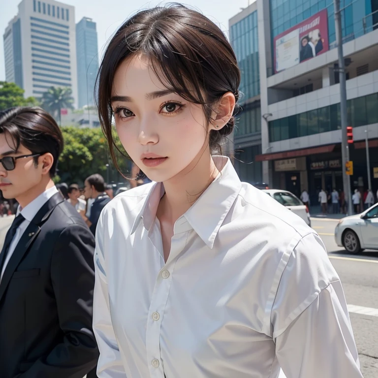 use the exactly same facial feature, hair and head as the previous prompt. change the scenery to be at sudirman, jakarta in city white formal shirt with undershirt underneath being sheered