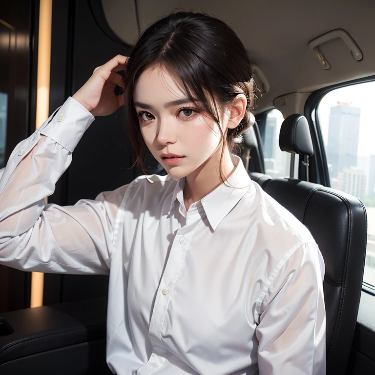 use the exactly same facial feature, hair and head as the previous prompt. change the scenery to be at sudirman, jakarta in city white formal shirt with undershirt underneath being sheered