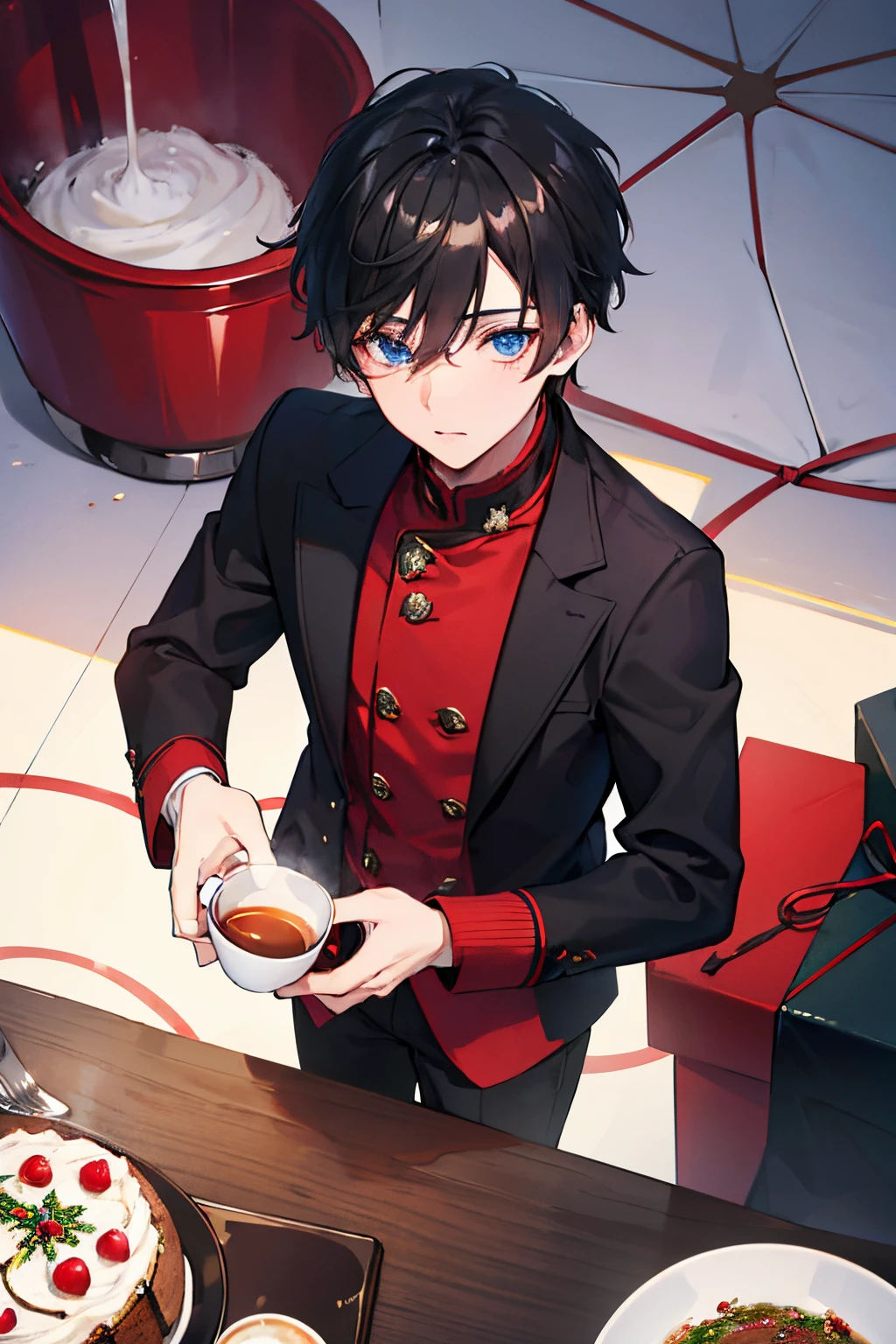 male people　A dark-haired　blue eyess　Red coat　Sweaters　Black slacks　long boots　Christmas　cake and tea　​masterpiece　Top image quality　denoise　Clear 　cinematic shadow　Increased attractiveness of the eyes　Clear the shine of the eyes　Draw eyelashes neatly　Perfect Eye　A detailed eye　Sharpen image quality　Sharpen eye writing　Clear eye shape