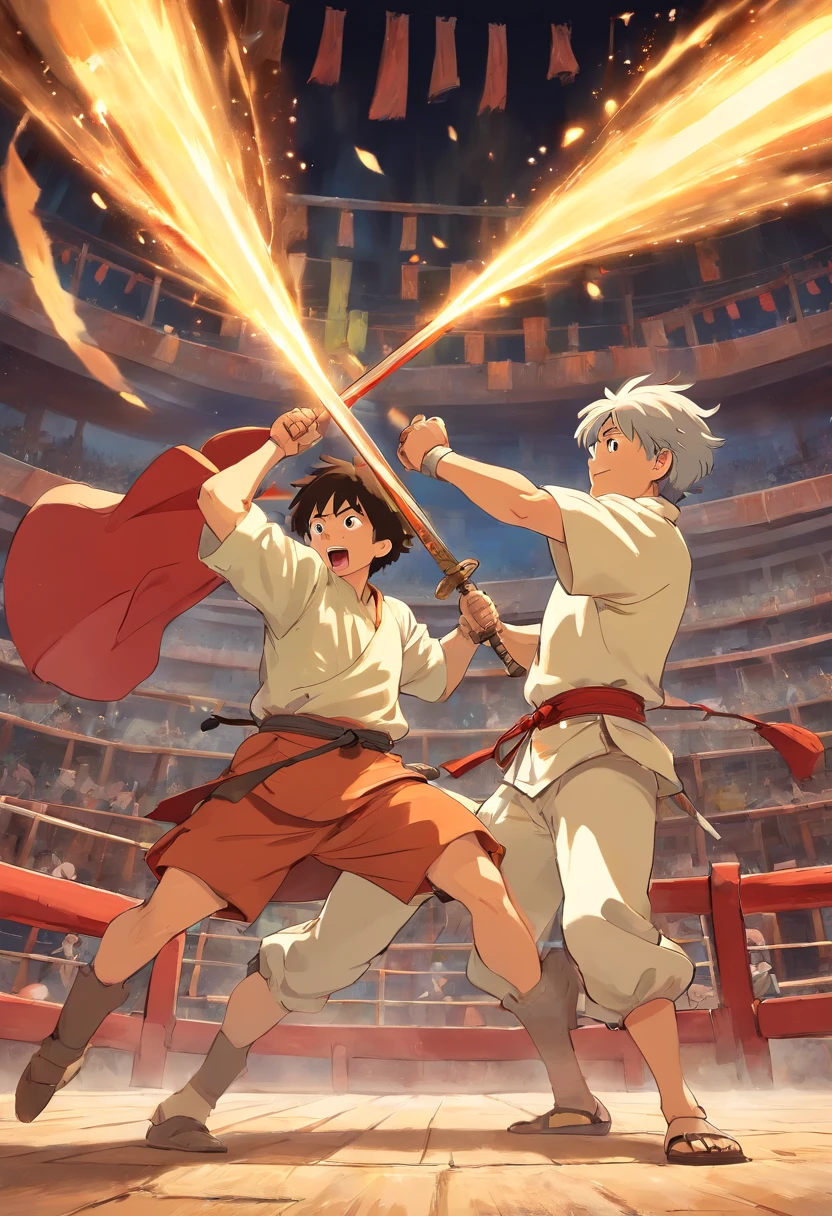 2 Chinese fighters fight each other in an arena with a sword in one hand and a shield in the other hand