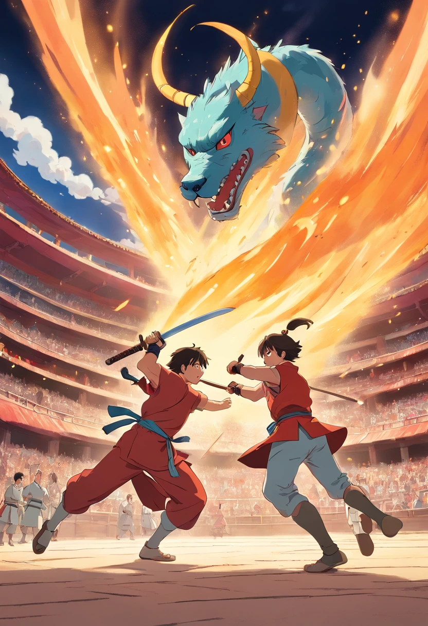 2 Chinese fighters fight each other in an arena with a sword in one hand and a shield in the other hand