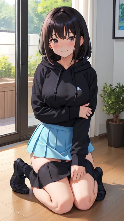 (masutepiece, Best Quality:1.2), (Looking at Viewer), (Wavy Hair:0.8),
1girl in, (Upper body:0.85), (Black theme:1.2), {Indoors|Outdoors}, Dark eyes, Dark hair, 
{Medium Hair}, Larger hoodie, (tight miniskirt:1.2),
({Happy face|peaceful face|Shy face|Curious face}),（Kneeling Pose）（Pull up the skirt yourself）（Light blue micro underwear visible from the skirt）（red blush）（Expression of desire）（NFSW）