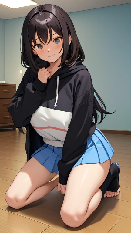 NSFW,One girl,sweater,Off the shoulder,Micro Mini Skirt,Small breasts,(Perfect hands),(Perfect Anatomy),(masterpiece),(highest quality),Embarrassed,smile,blush,Home,living room