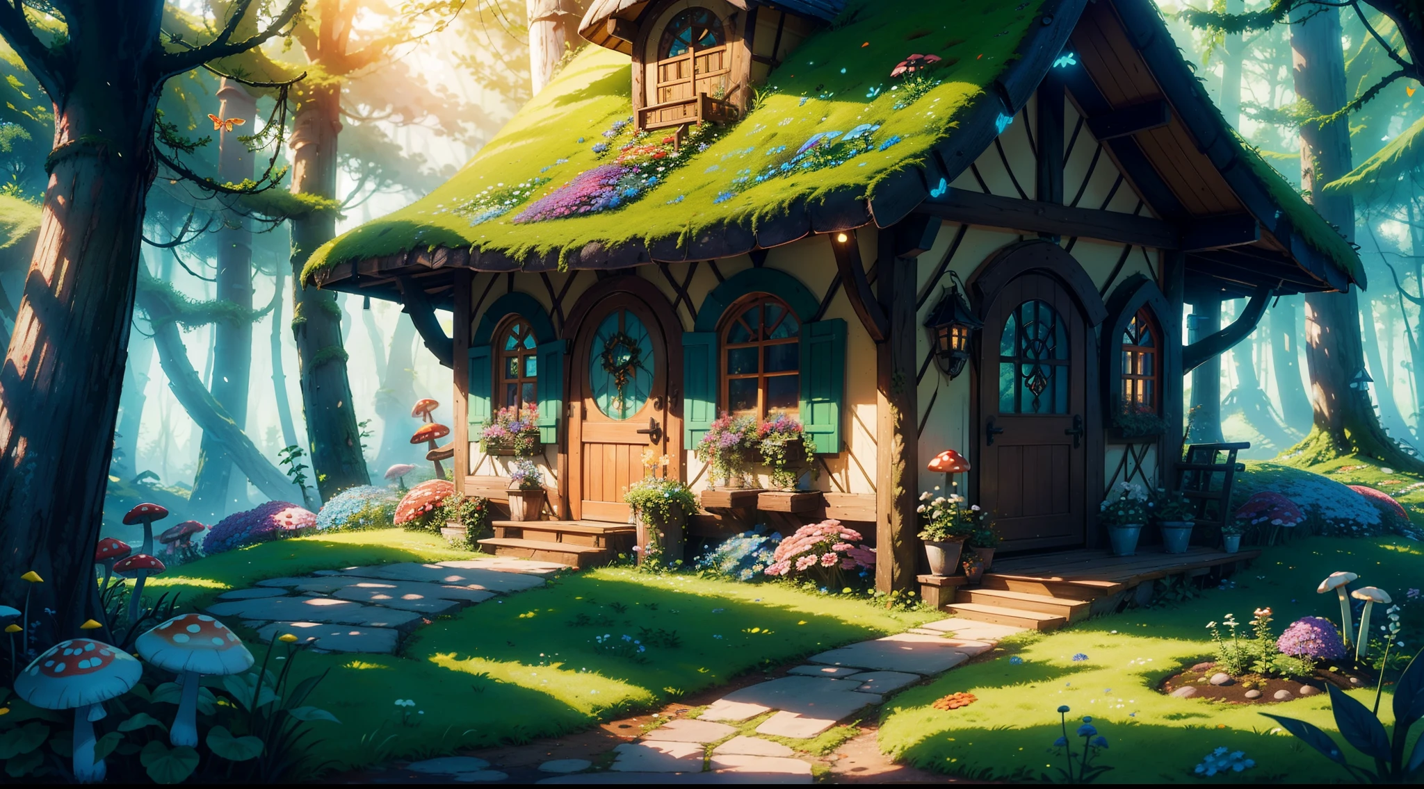 "Enchanting mushroom houses nestled in a vibrant forest, bathed in soft sunlight, and surrounded by colorful flowers. Captivate with whimsical details, moss-covered roofs, and cozy doorways. Create a magical atmosphere with sparkling dewdrops, dancing butterflies, and a hint of mystery. Let the vivid imagination bring these mushroom houses to life in a fantasy world where dreams come true."