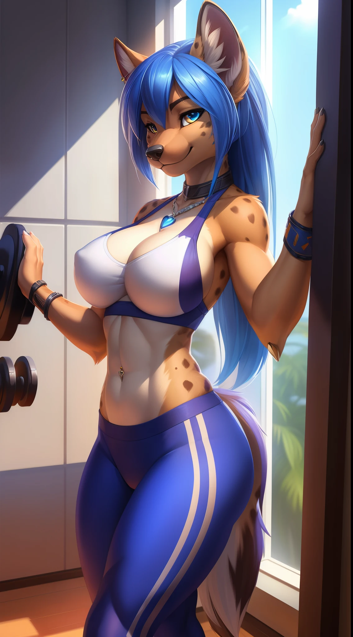 ((((sfw)))), uploaded the e621, beautiful and detailed,woman (((female))) ((anthro)) hyena, Ross Tran, by ruan jia, by zaush, by foxovh, lighting cinematic, seductor, hyena, thighighs, (huge chest), full body view, (anthro, fluffy fur, character focus:1.1), 1girl, anthro dog girl, body fur, solo, medium breasts, (thick thighs), curvy, biki big ass sexy ass sexy boobs , (heart-shaped pupils), sexy, seductive, fall in love girl, nice, cute, naughty face, , big aureola show fitness gym、Wet and light fitness wear and leggings、Navel Ejection、Standing backwards with both hands on the wall、poneyTail、blue hairs、Silver necklace、wristbands、Colossal tits、perspiring、abdominals、belly button piercing