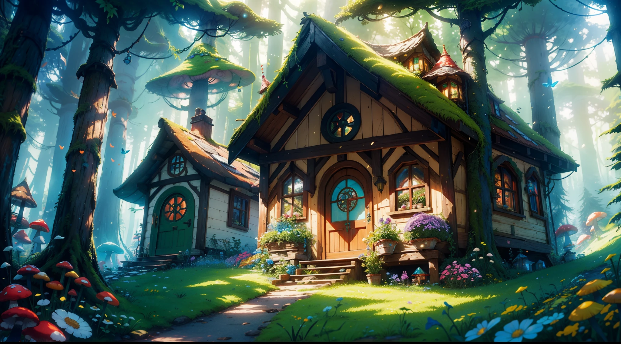 "Enchanting mushroom houses nestled in a vibrant forest, bathed in soft sunlight, and surrounded by colorful flowers. Captivate with whimsical details, moss-covered roofs, and cozy doorways. Create a magical atmosphere with sparkling dewdrops, dancing butterflies, and a hint of mystery. Let the vivid imagination bring these mushroom houses to life in a fantasy world where dreams come true."