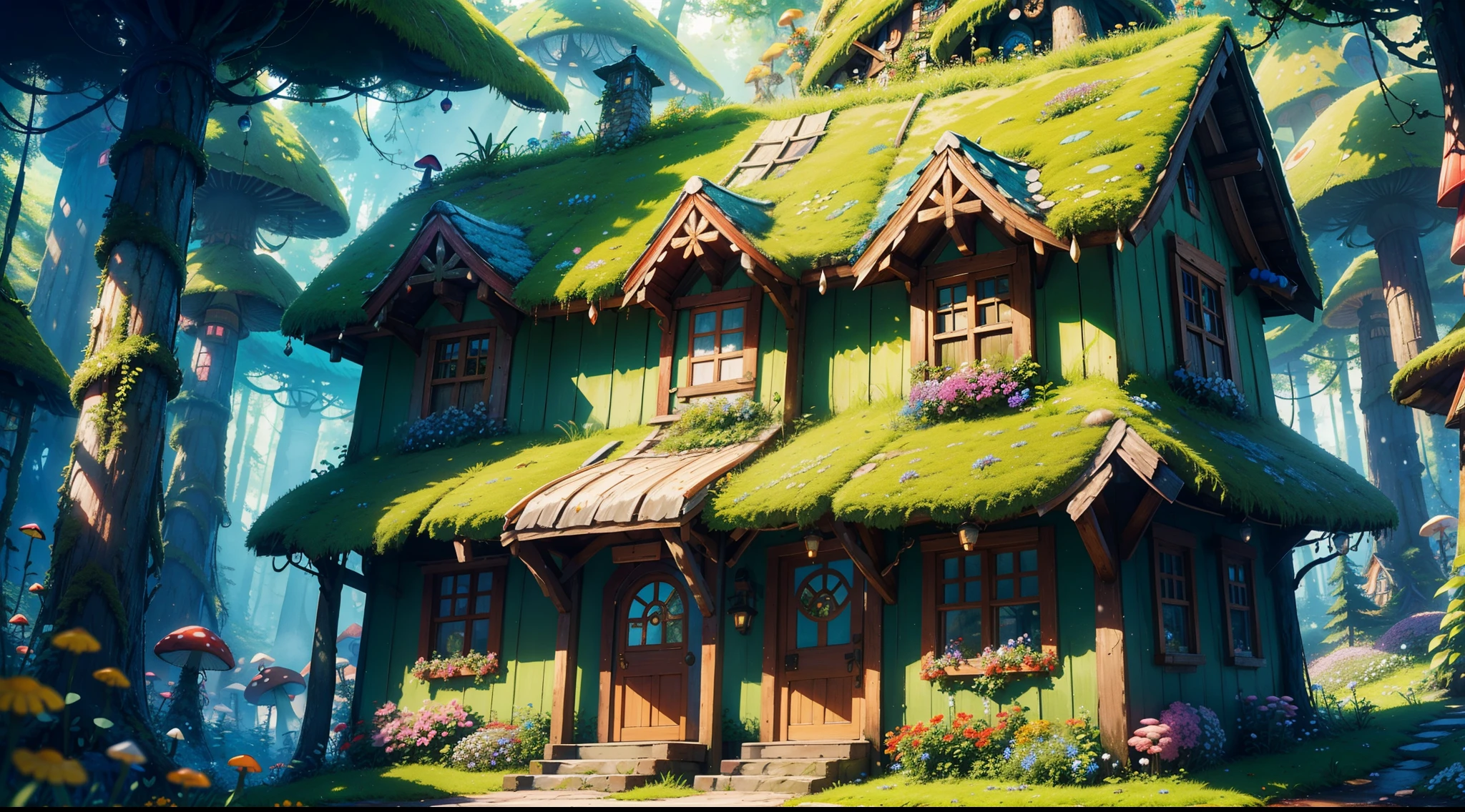 "Enchanting mushroom houses nestled in a vibrant forest, bathed in soft sunlight, and surrounded by colorful flowers. Captivate with whimsical details, moss-covered roofs, and cozy doorways. Create a magical atmosphere with sparkling dewdrops, dancing butterflies, and a hint of mystery. Let the vivid imagination bring these mushroom houses to life in a fantasy world where dreams come true."
