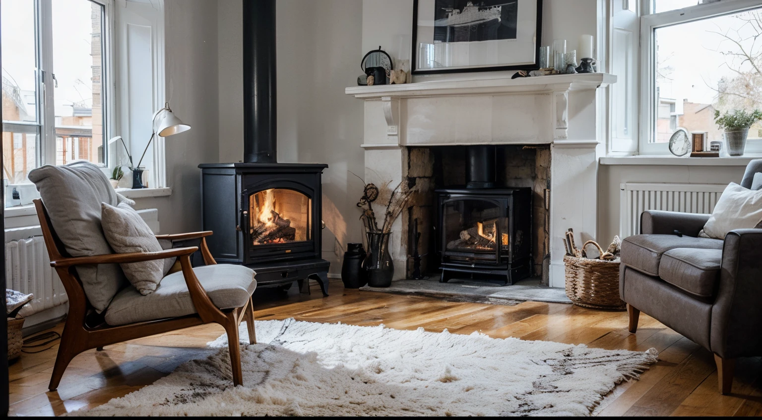 Grey chair by fireplace against window. Scandinavian home interior design of modern living room.