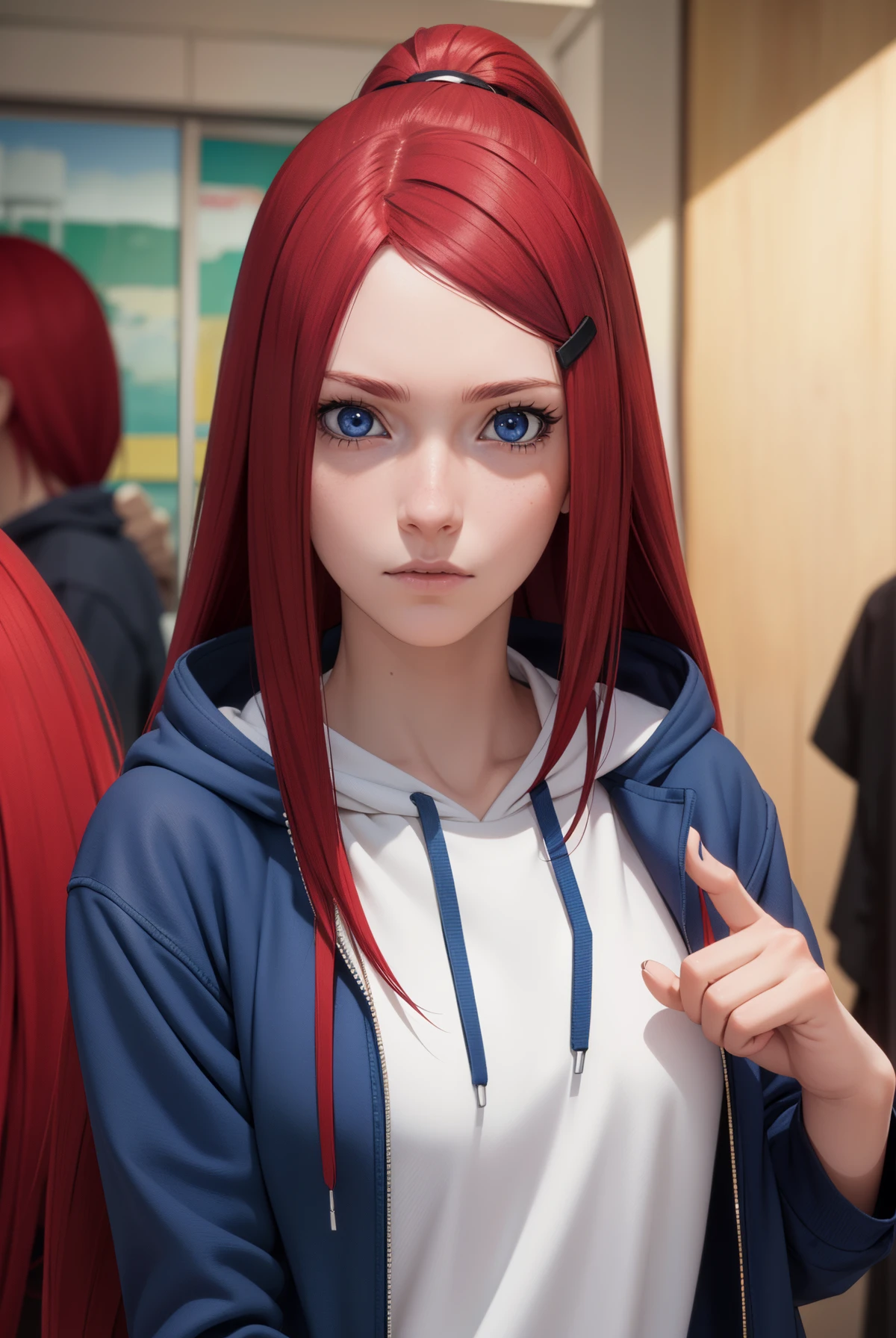 Masterpiece, ultra-detailed, 1girl, solo, Uzumaki Kushina, long red hair, hair ornament, red hair, hairclip, (blue eyes:1.5), wearing Streetwear Hoodie, looking at viewer, upper body, full body,  indoors, (masterpiece:1.2), best quality, high resolution, extremely detailed face, perfect lighting, extremely detailed CG, (perfect hands, perfect anatomy),