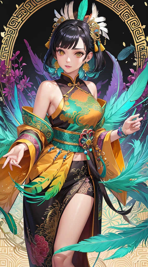 A female with medium breasts, bare shoulders, black hair, colored feathers, jade ornaments, colored green flowers, particles, light rays, (masterpiece, top quality, best quality, official art, beautiful and aesthetic:1.2), (1girl:1.3), extremely detailed,(fractal art:1.1),(colorful:1.1)(flowers:1.3), highest detailed,(zentangle:1.2), (dynamic pose), (abstract background:1.3), (shiny skin), (many colors:1.4), ,(earrings:1.4), (feathers:1.4), (chinese traditional cloth:1.2), (shiny skin), (many colors:1.4), ,(earrings:1.4),