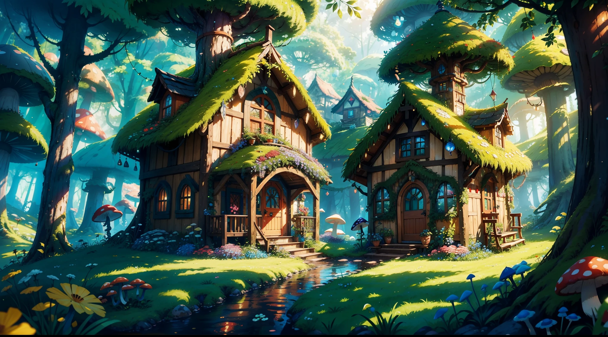 "Enchanting mushroom houses nestled in a vibrant forest, bathed in soft sunlight, and surrounded by colorful flowers. Captivate with whimsical details, moss-covered roofs, and cozy doorways. Create a magical atmosphere with sparkling dewdrops, dancing butterflies, and a hint of mystery. Let the vivid imagination bring these mushroom houses to life in a fantasy world where dreams come true."