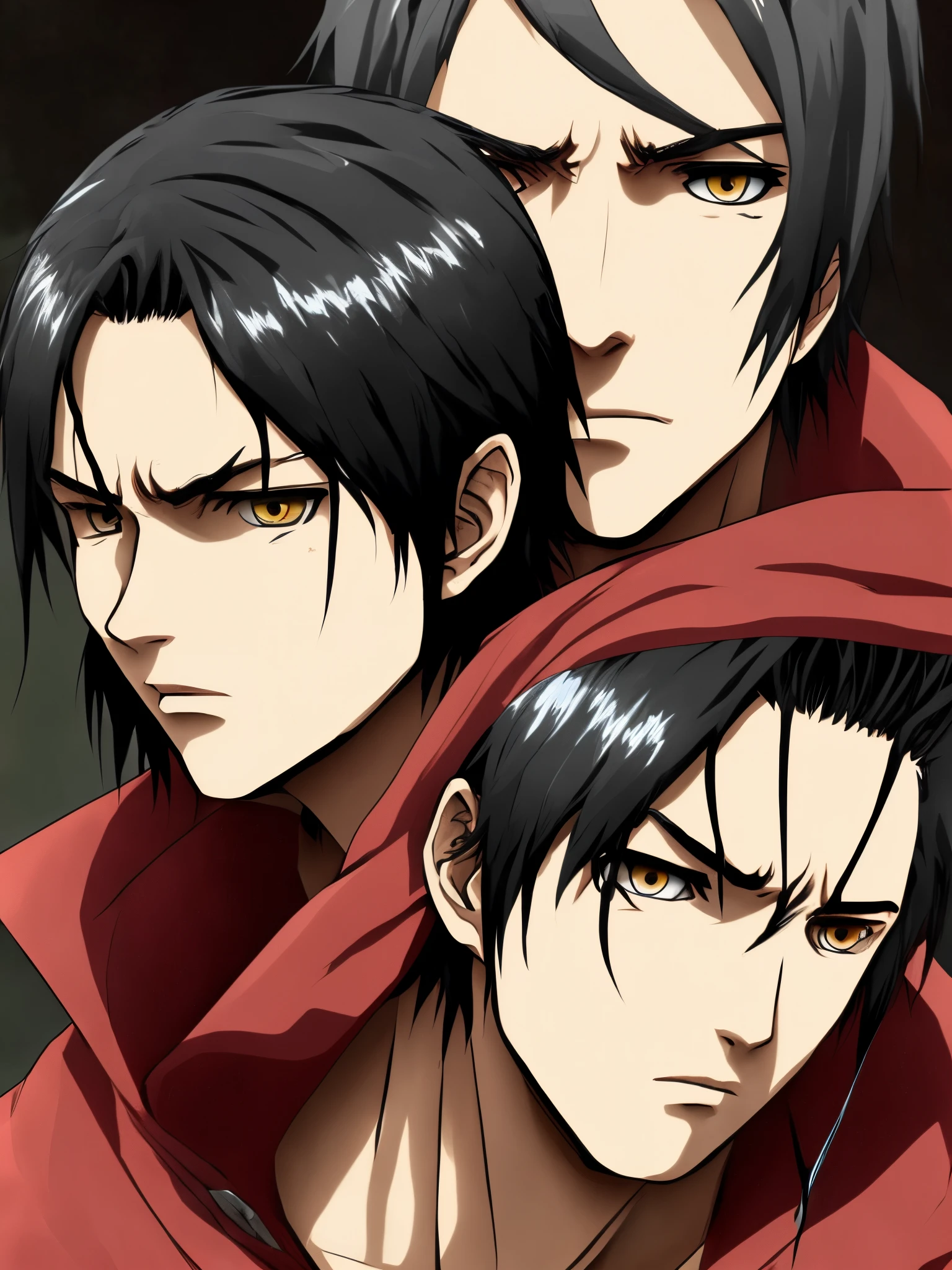 Attack on titan feminine male with ear length black hair and black eyes