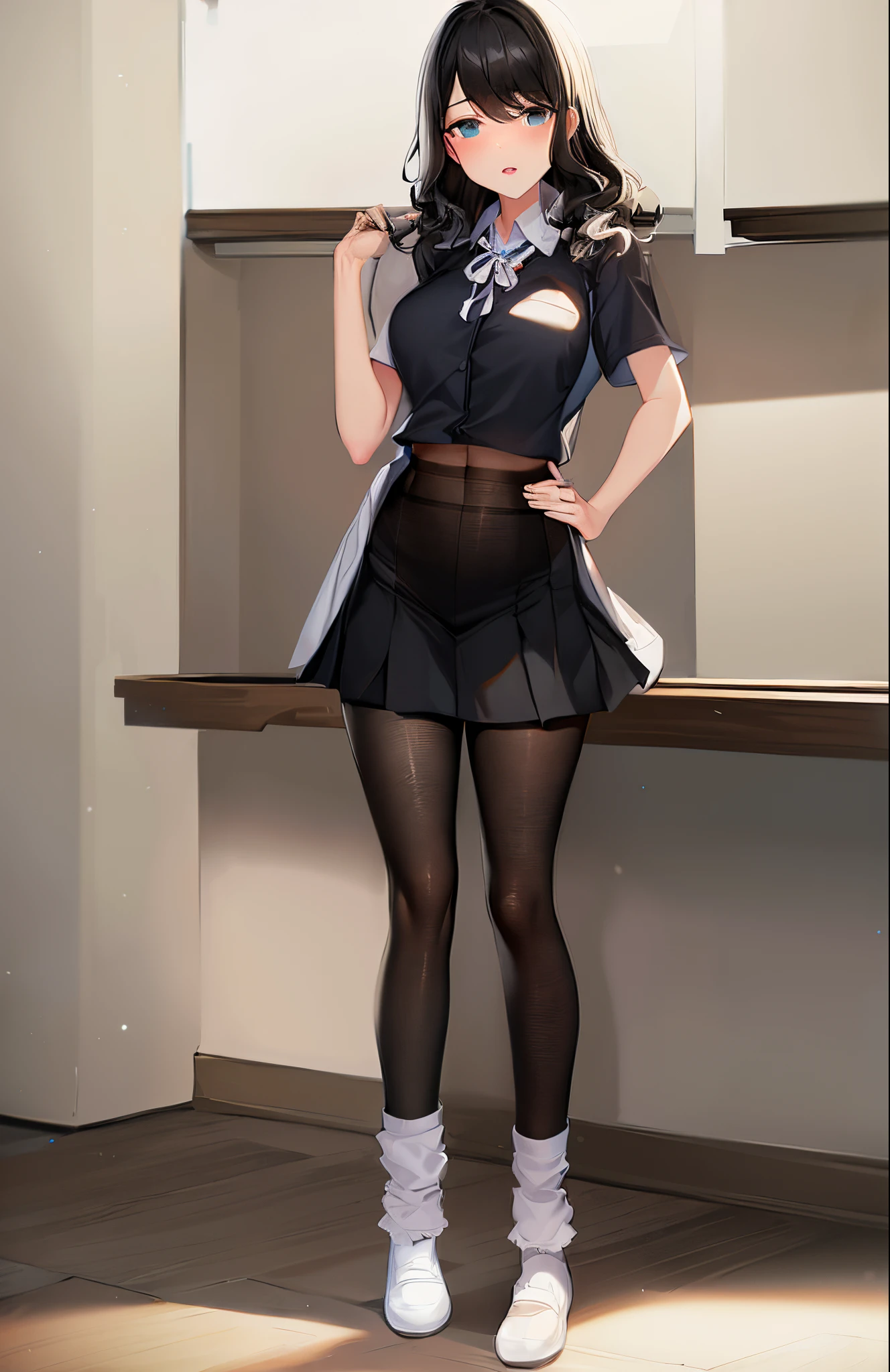 girl, detailed eyes, medium hair,standing, classroom, masterpiece, best quality, mature male, dress shirt, short sleeves, full body,  ((((loose socks)))), {{{{{white socks}}}}}, nervous, half-closed eyes, ((((black pantyhose)))), ((socks over pantyhose)), loafers,   aqua shirt, pleated skirt, miniskirt, school uniform, {{midriff}}, navel, zettai ryouiki, {{{{calf socks}}}}, calf socks, open mouth, wavy hair, looking at viewer, swept bangs, medium breasts, expressionless, mary janes, lace-trimmed ribbon, hand on hip, large breasts, navel,(((white shoes)))