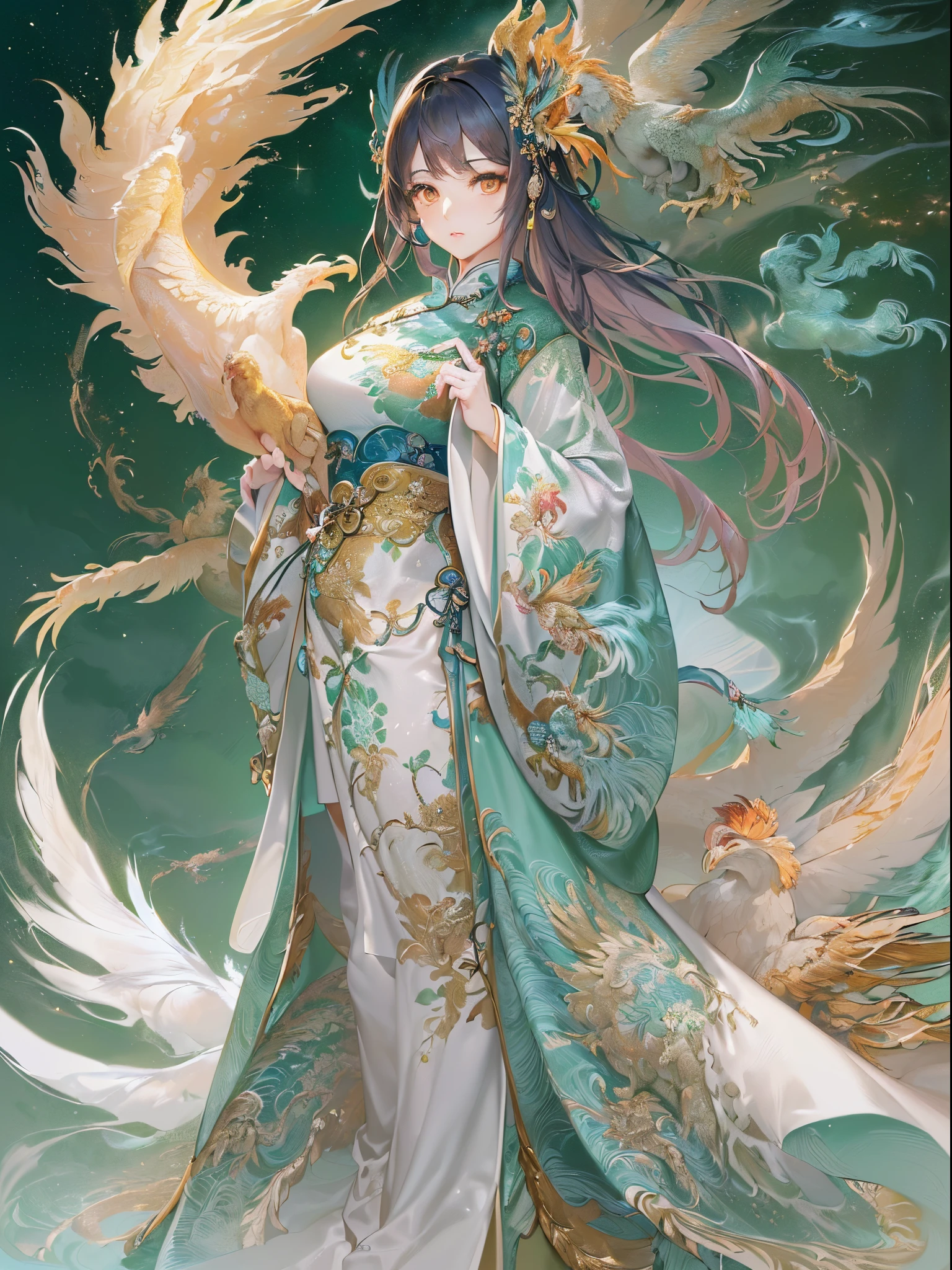 ((Finest quality)),(超A high resolution),(ultra-detailliert),(Meticulous portrayal),((Best Anime)),(Finest works of art),(Ultra-Precision Art),(The art of astounding depiction,Overwhelming depiction:1.5),(Complex and detailed fantasy art:1.6), (1 adult female:1.7),(Chinese dress decorated with a phoenix:1.5), Starry sky:1.3,