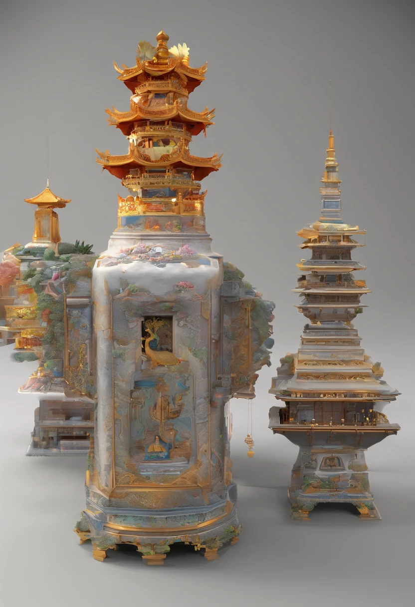 Golden temple shape,Square teapot,tea set,Made of metal,Laojunshan cultural elements,Taoist culture,Metallic glossy,Realistic,natural,Highly detailed,8K