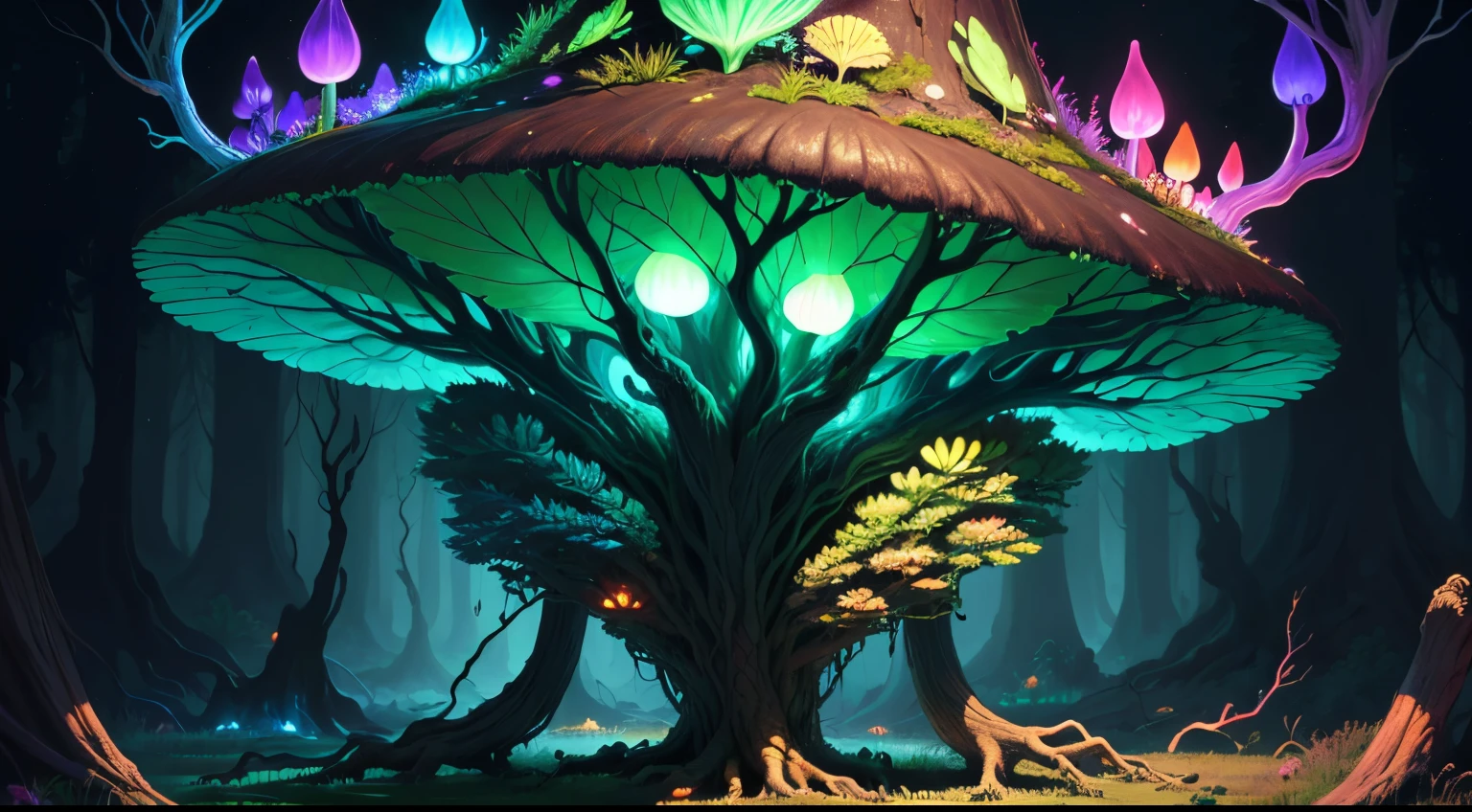 Ultra detailed illustration of a humanoid plant lost in a magical forest, skin made from tree bark, black sclera, mushroom hat, dynamic pose, glowy, bioluminescent flora, incredibly detailed, pastel colors, handpainted strokes, visible strokes, oil paint, night, bioluminescence, pointy ears, (((tetradic colors))) vibrant colors, high saturation, high contrast, UHD, 16k