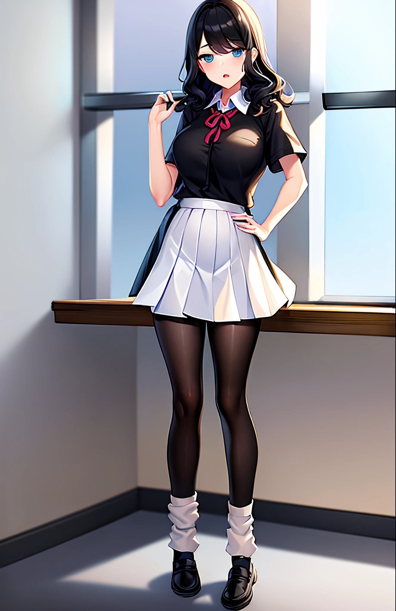 girl, detailed eyes, medium hair,standing, classroom, masterpiece, best quality, mature male, dress shirt, short sleeves, full body,  ((((loose socks)))), {{{{{white socks}}}}}, nervous, half-closed eyes, ((((black pantyhose)))), ((socks over pantyhose)), loafers,   aqua shirt, pleated skirt, miniskirt, school uniform, {{midriff}}, navel, zettai ryouiki, {{{{calf socks}}}}, calf socks, open mouth, wavy hair, looking at viewer, swept bangs, medium breasts, expressionless, mary janes, lace-trimmed ribbon, hand on hip, large breasts, navel,(((white shoes)))