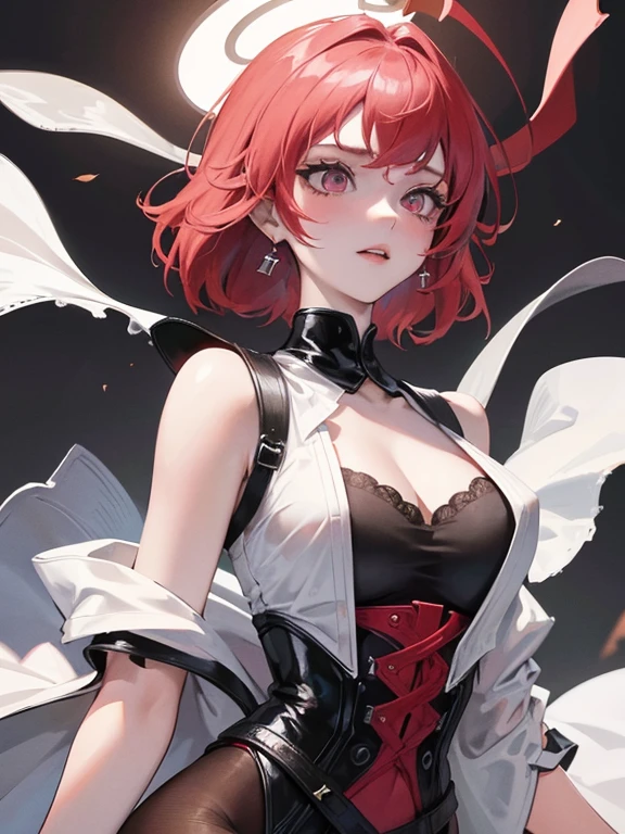 18 year old girl with short red hair, heterochromatic eyes, pale skin, voluptuous breasts, Wearing a black dress and a crisp pink blouse, With a more elegant and sophisticated touch, Match her mysterious and intense personality. Overall, Her appearance is impressive, Attract curious and intriguing looks, flat-chest, Cinematic lighting, chromatic abberation, Backlighting, masutepiece, high details, High quality, 4K、Underwear visible from torn clothes