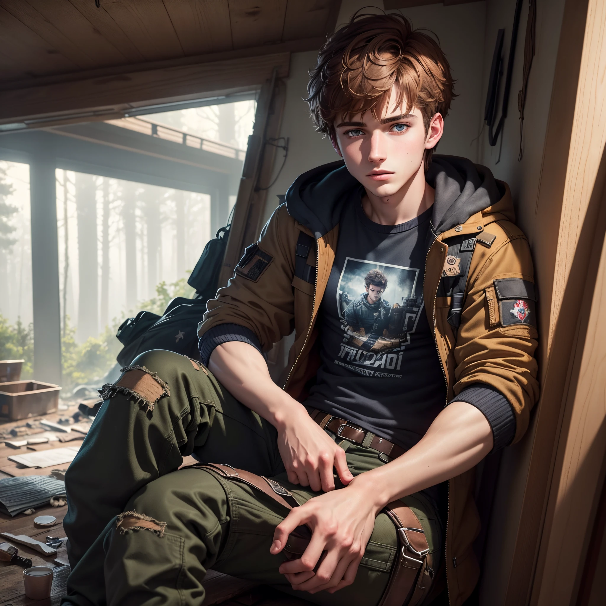 Young redheaded boy, short wavy hair, effeminate face, in the forest, scribbling in a notebook, backpack and raccoon tail attached to his belt, modern clothing, torn pants, flower, light, sun, detailed face, detailed hair, detailed eyes.